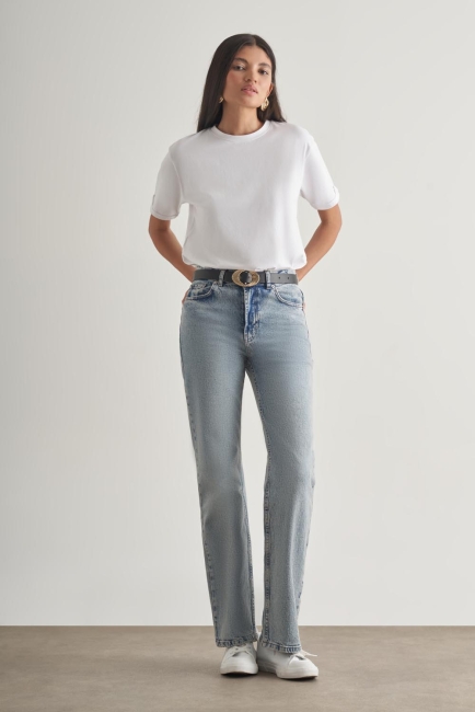 Mizalle - Mizalle Straight Fit Yüksek Bel Mavi Denim Pantolon