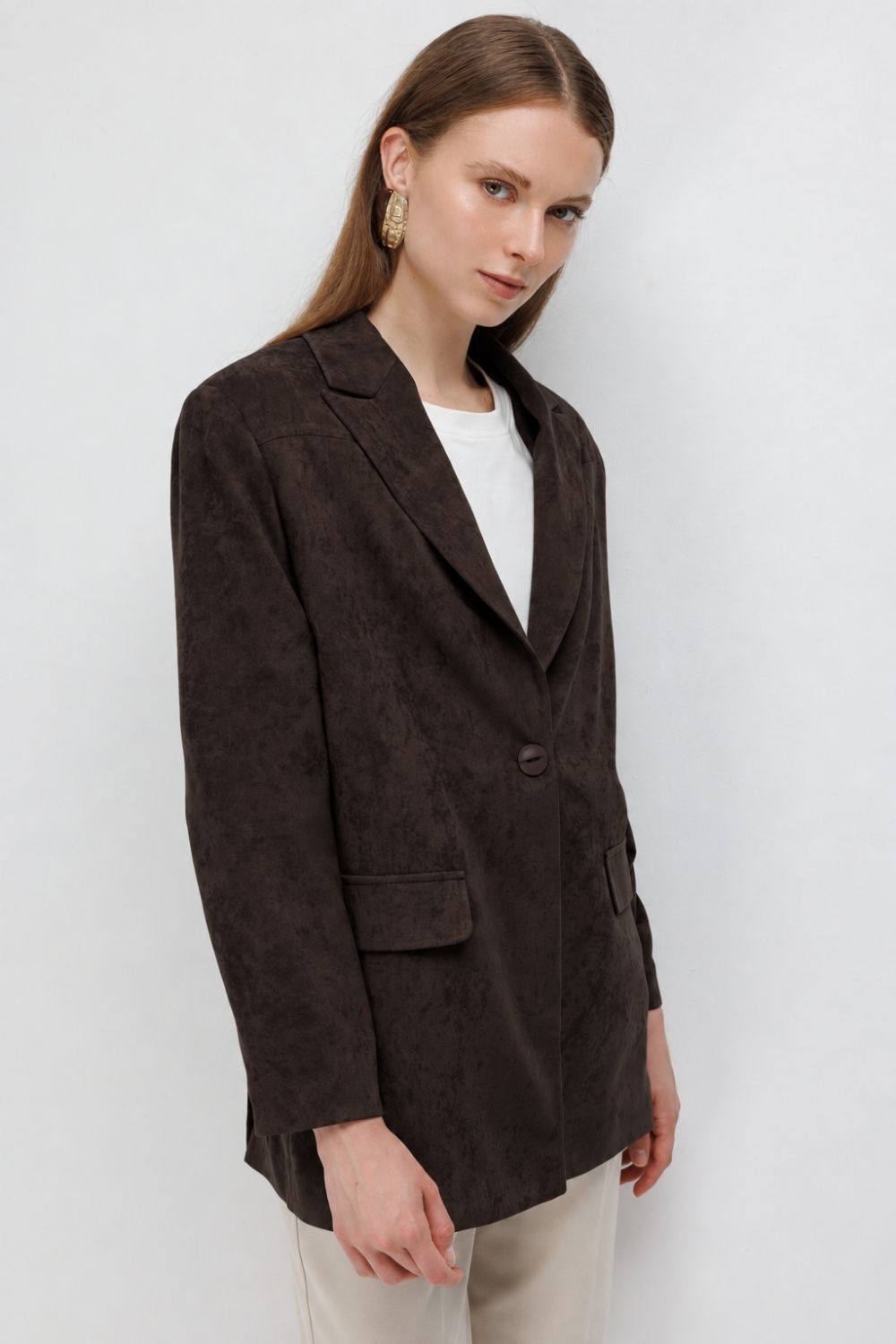Mizalle Süet Dokulu Tek Düğmeli Kahverengi Blazer Ceket - Mizalle