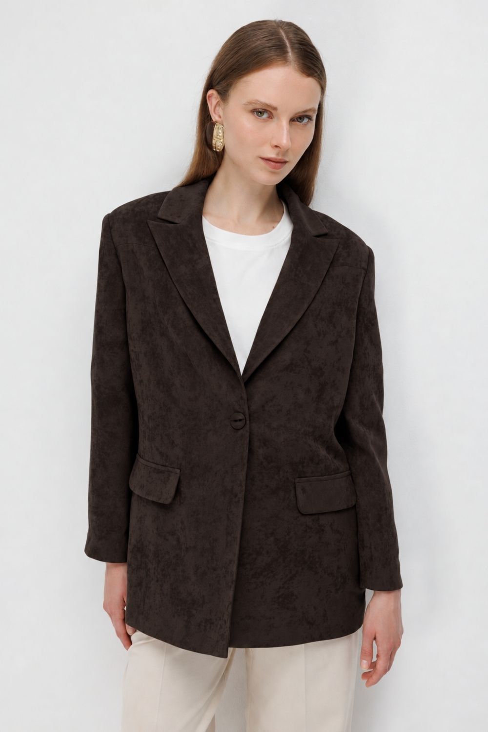 Mizalle Süet Dokulu Tek Düğmeli Kahverengi Blazer Ceket - Mizalle
