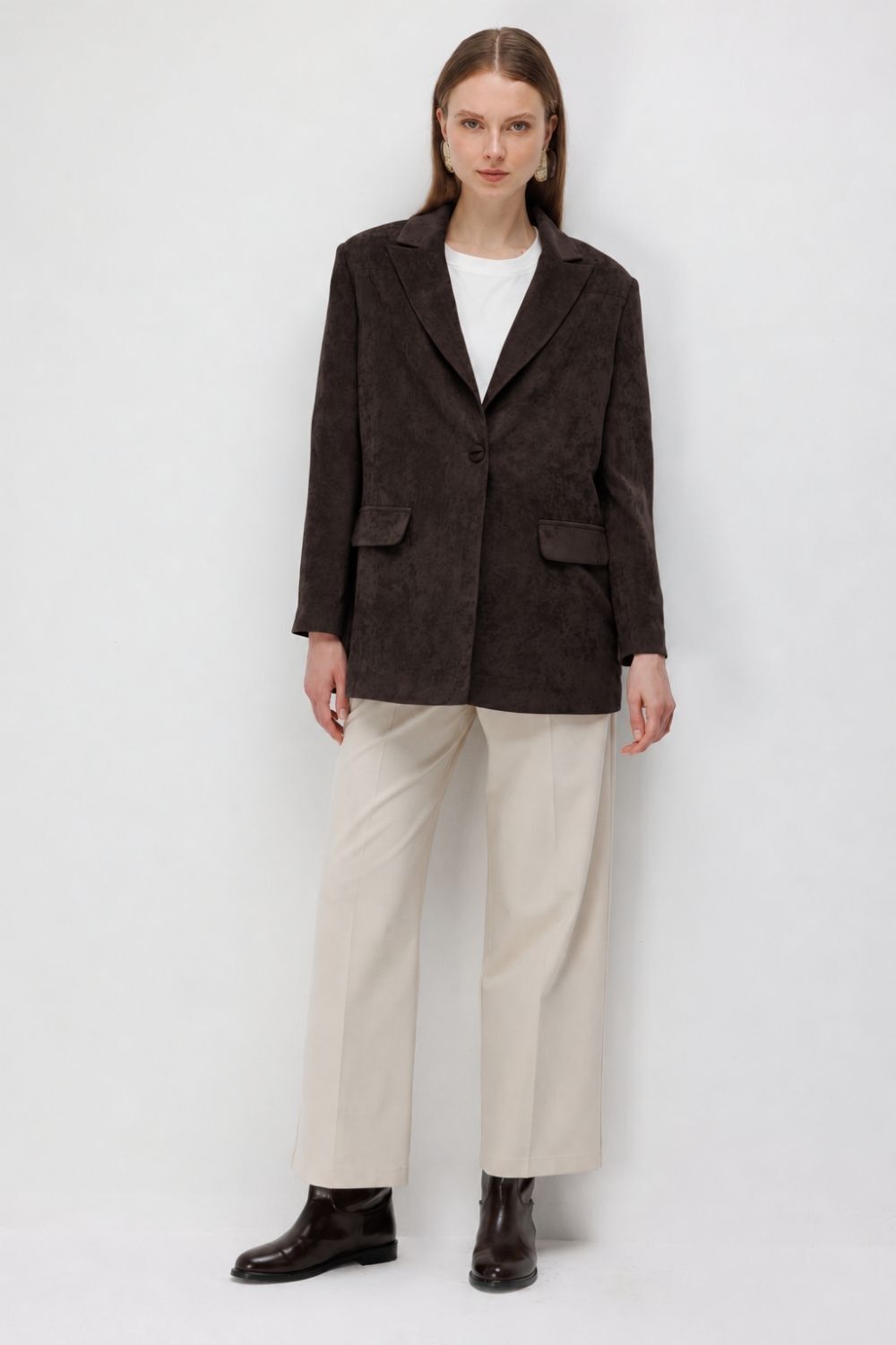 Mizalle Süet Dokulu Tek Düğmeli Kahverengi Blazer Ceket - 6