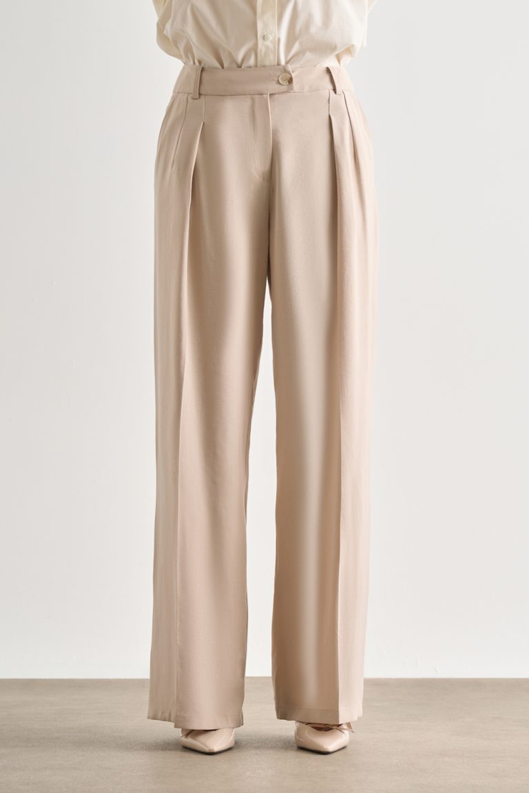 Mizalle Taş Rengi Çift Pileli Geniş Kesim Modal Pantolon - Mizalle