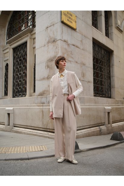 Mizalle Taş Rengi Çift Pileli Geniş Kesim Modal Pantolon - Mizalle