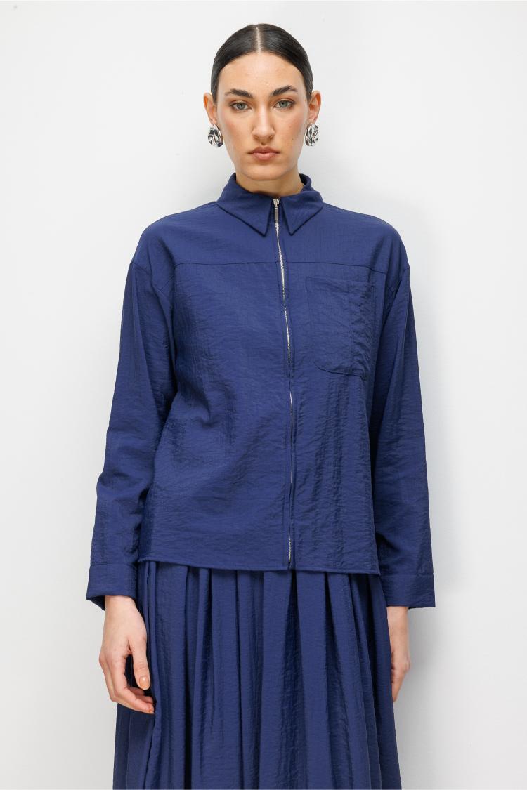 Mizalle Teknik Kumaş Fermuarlı Lacivert Ceket Gömlek - Mizalle