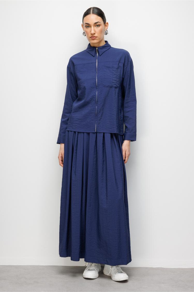 Mizalle Teknik Kumaş Fermuarlı Lacivert Ceket Gömlek - 5