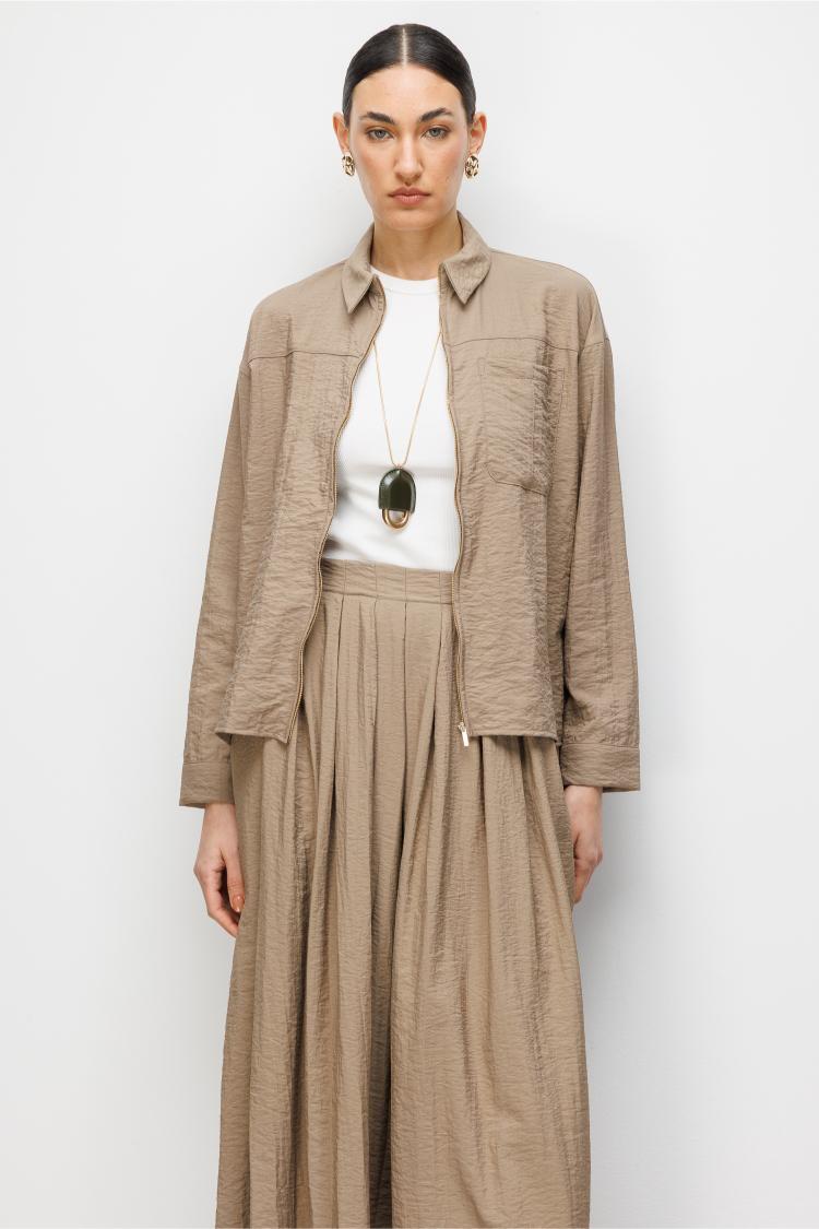 Mizalle Teknik Kumaş Fermuarlı Vizon Rengi Ceket Gömlek - 1