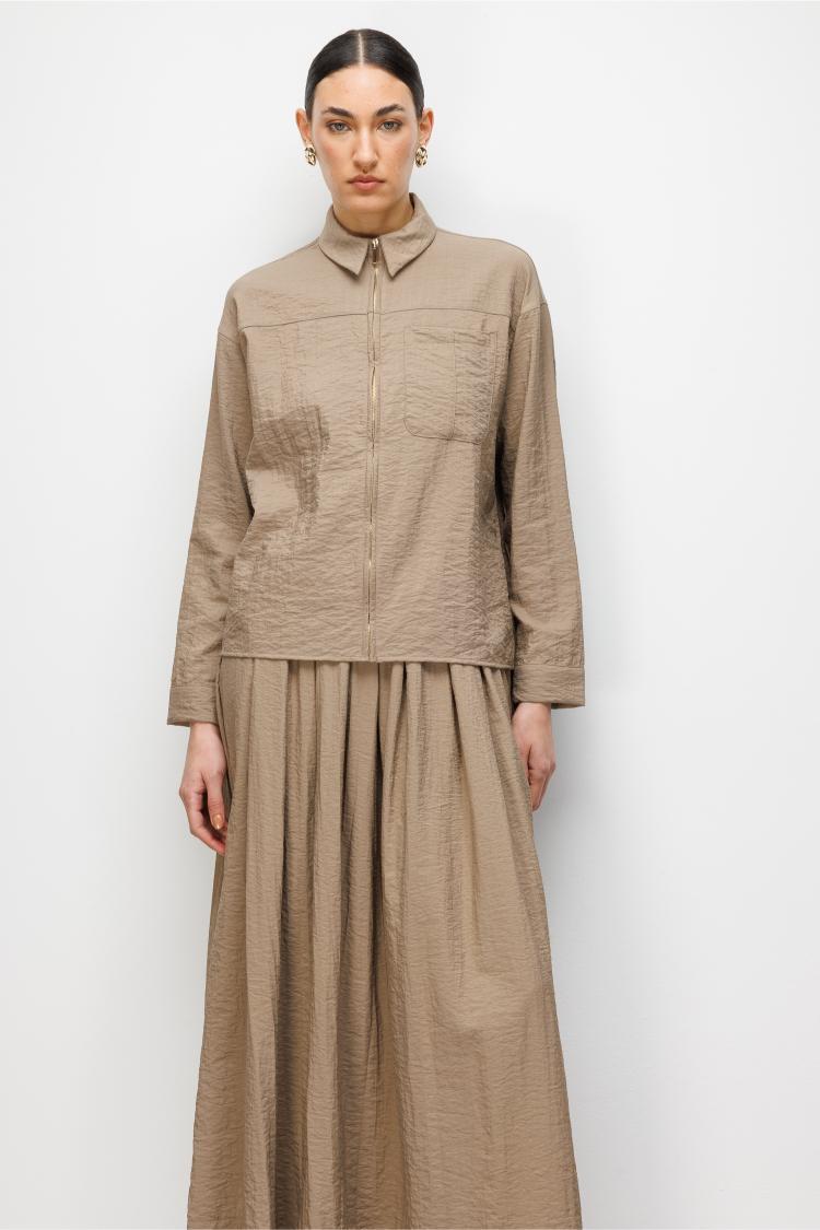 Mizalle Teknik Kumaş Fermuarlı Vizon Rengi Ceket Gömlek - Mizalle