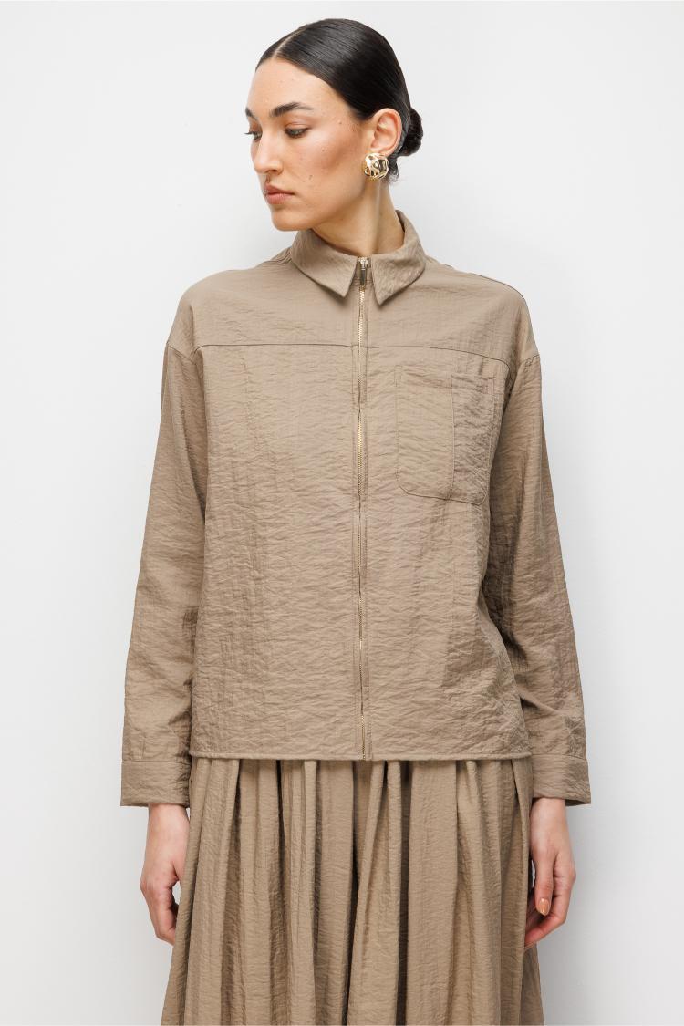 Mizalle Teknik Kumaş Fermuarlı Vizon Rengi Ceket Gömlek - 4