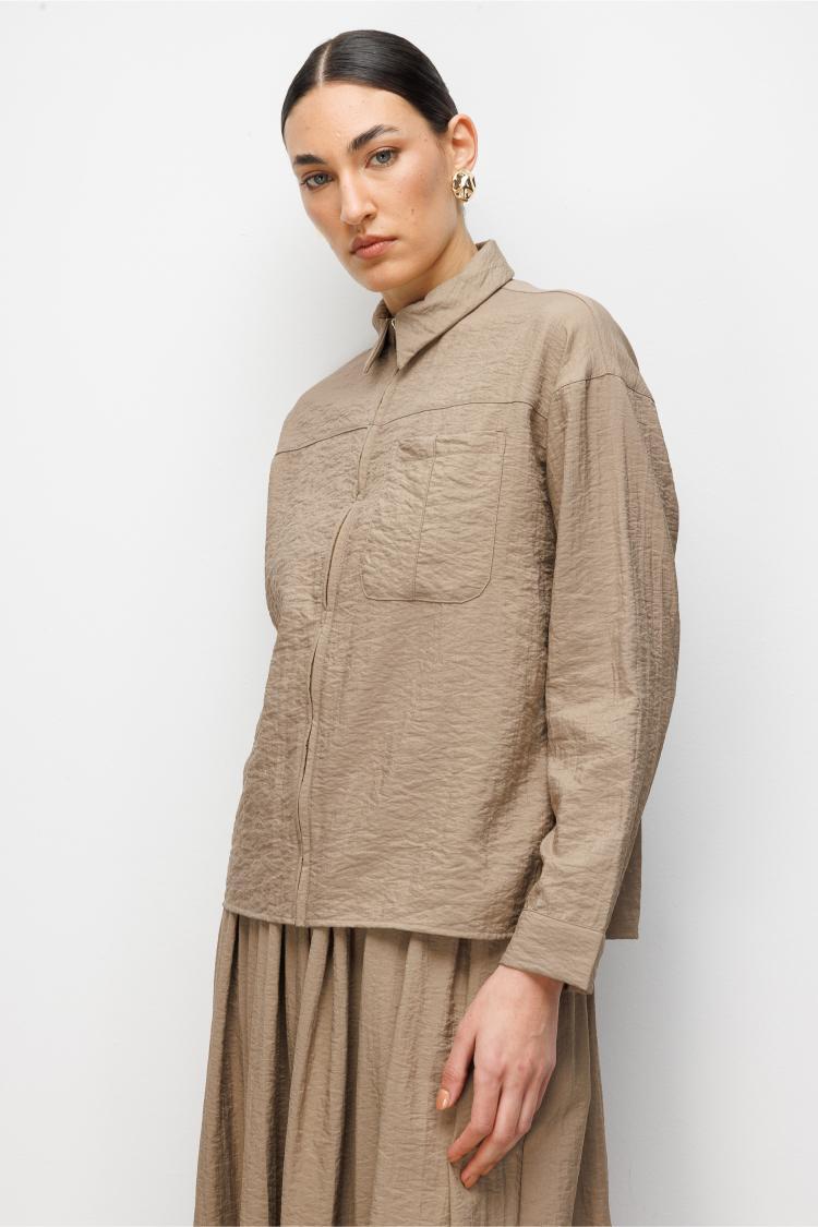 Mizalle Teknik Kumaş Fermuarlı Vizon Rengi Ceket Gömlek - 5