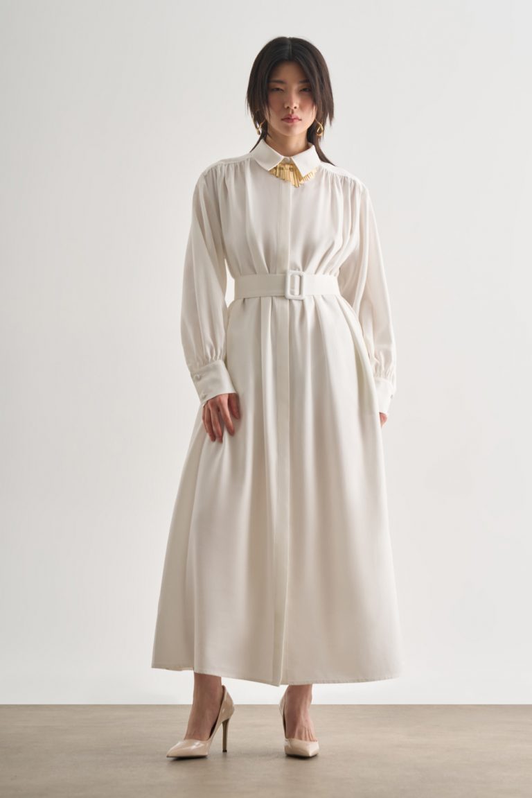 Mizalle Tencel Dokulu Pile Detaylı Kemerli Maksi Ekru Elbise - Mizalle