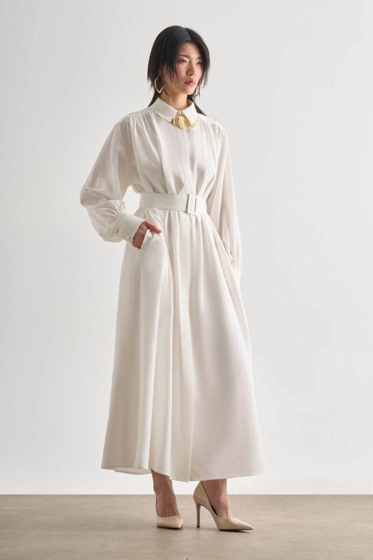 Mizalle Tencel Dokulu Pile Detaylı Kemerli Maksi Ekru Elbise - Mizalle