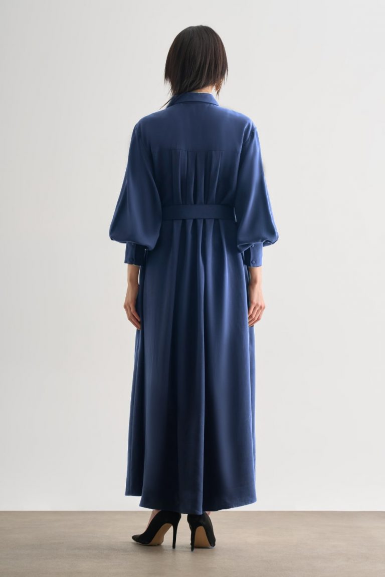 Mizalle Tencel Dokulu Pile Detaylı Kemerli Maksi İndigo Mavi Elbise - Mizalle