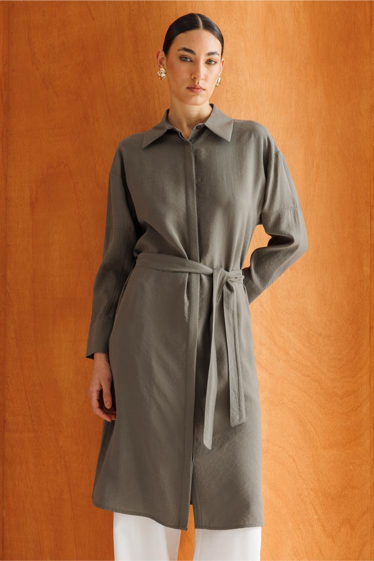 Mizalle Tencel Karışımlı Uzun Haki Tunik - 1