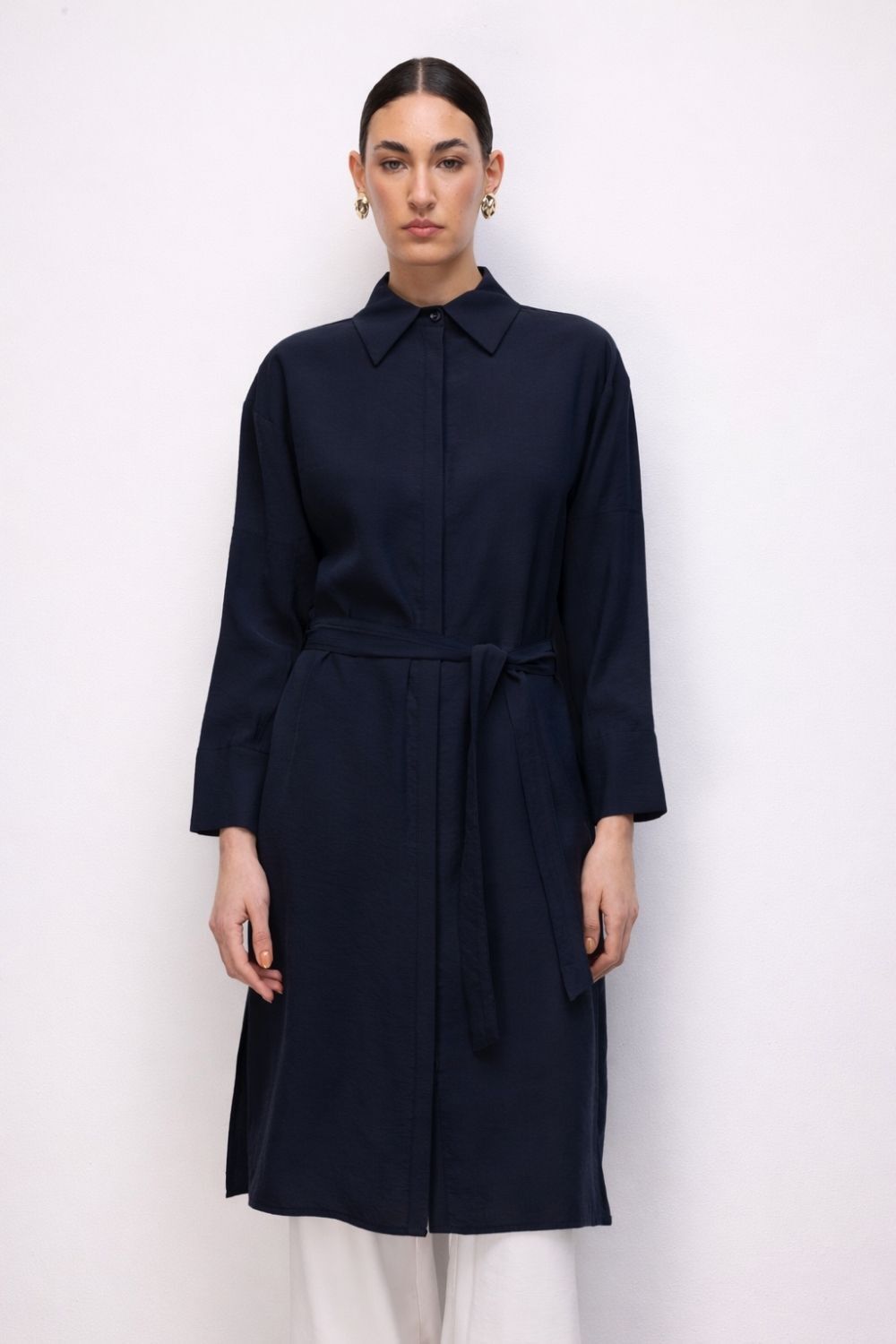 Mizalle Tencel Karışımlı Uzun Lacivert Tunik - Mizalle