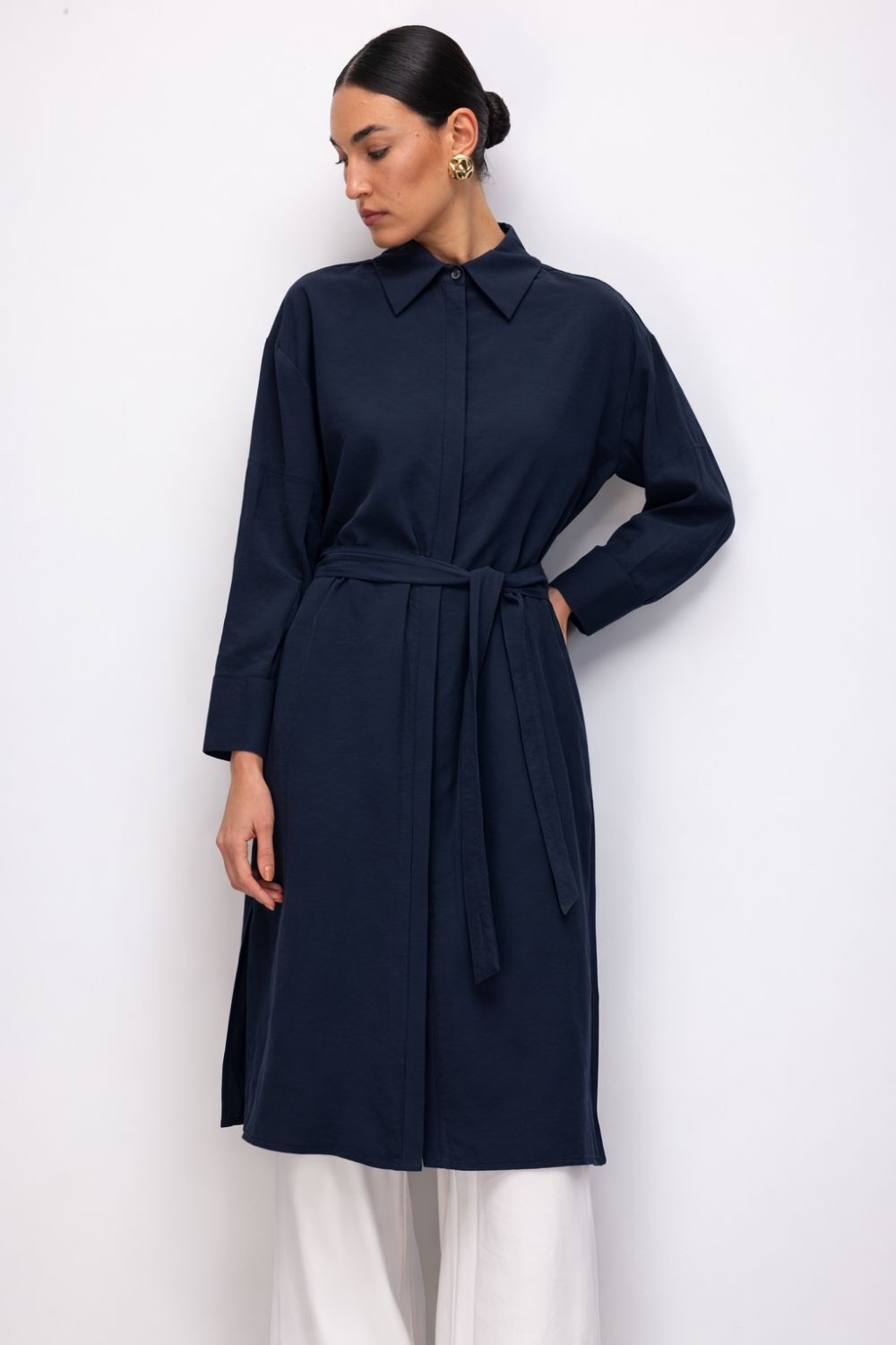 Mizalle Tencel Karışımlı Uzun Lacivert Tunik - Mizalle