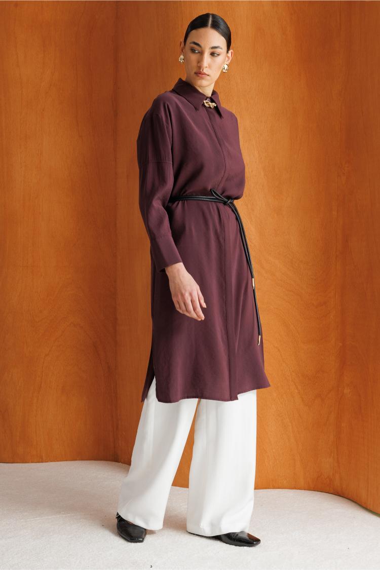 Mizalle Tencel Karışımlı Uzun Mürdüm Rengi Tunik - Mizalle