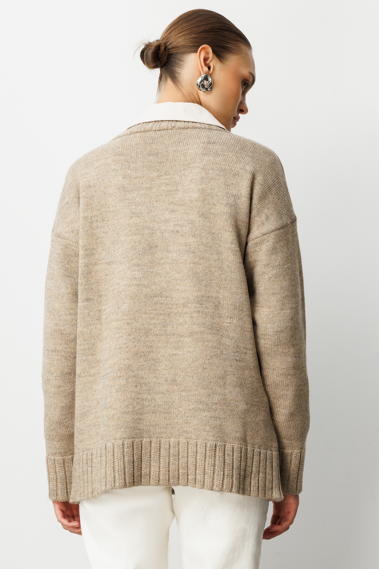 Mizalle V Yaka Oversize Bej Rengi Triko Kazak Mizalle V Yaka Oversize Bej Rengi Triko Kazak