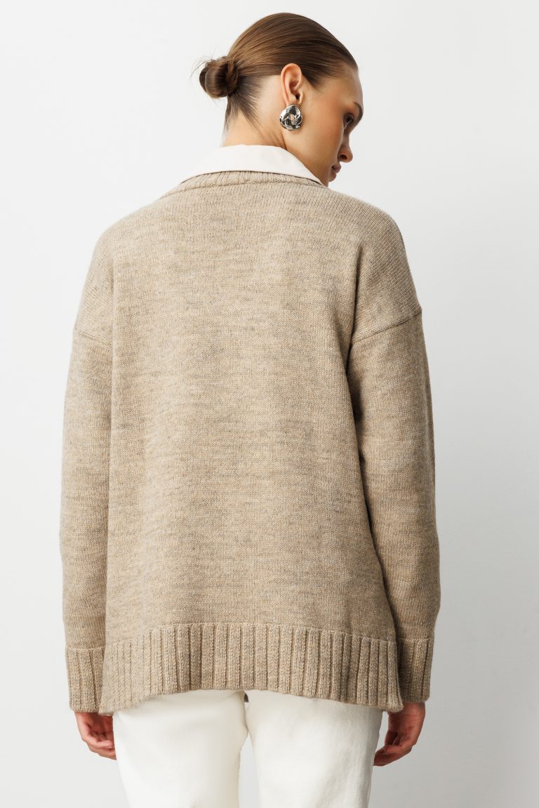 Mizalle V Yaka Oversize Bej Rengi Triko Kazak - Mizalle