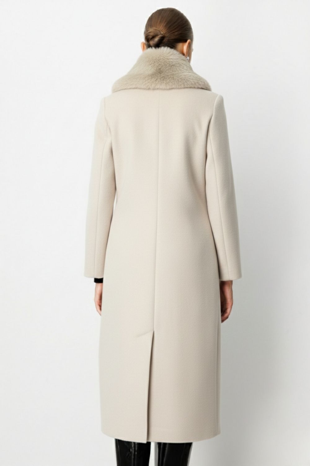 Mizalle Yakası Kürklü Uzun Bej Rengi Yünlü Kaşe Palto - 4