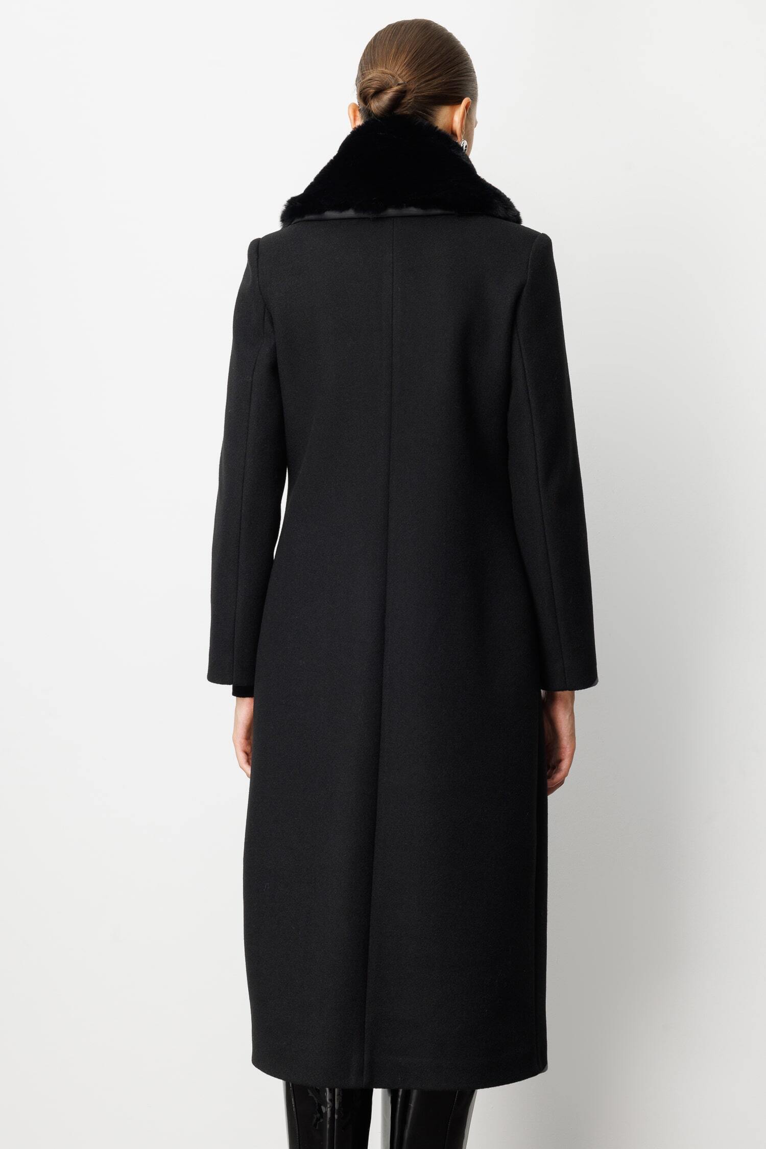 Mizalle Yakası Kürklü Uzun Siyah Yünlü Kaşe Palto - 6