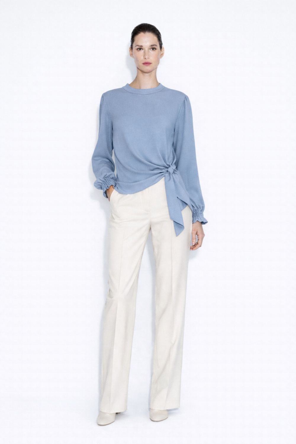 Mizalle Yan Bağlı İndigo Mavi Krep Bluz - 2