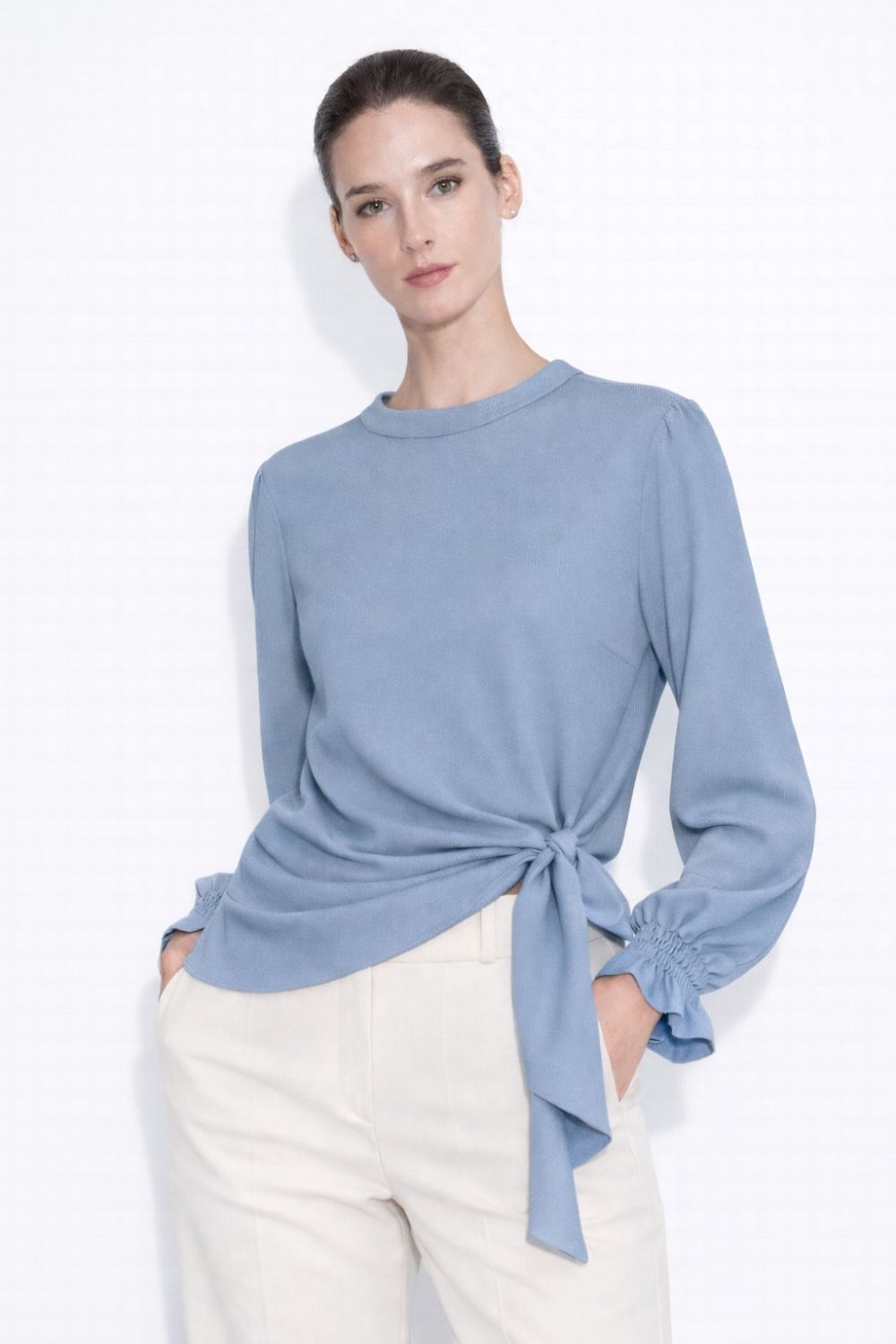 Mizalle Yan Bağlı İndigo Mavi Krep Bluz - 1