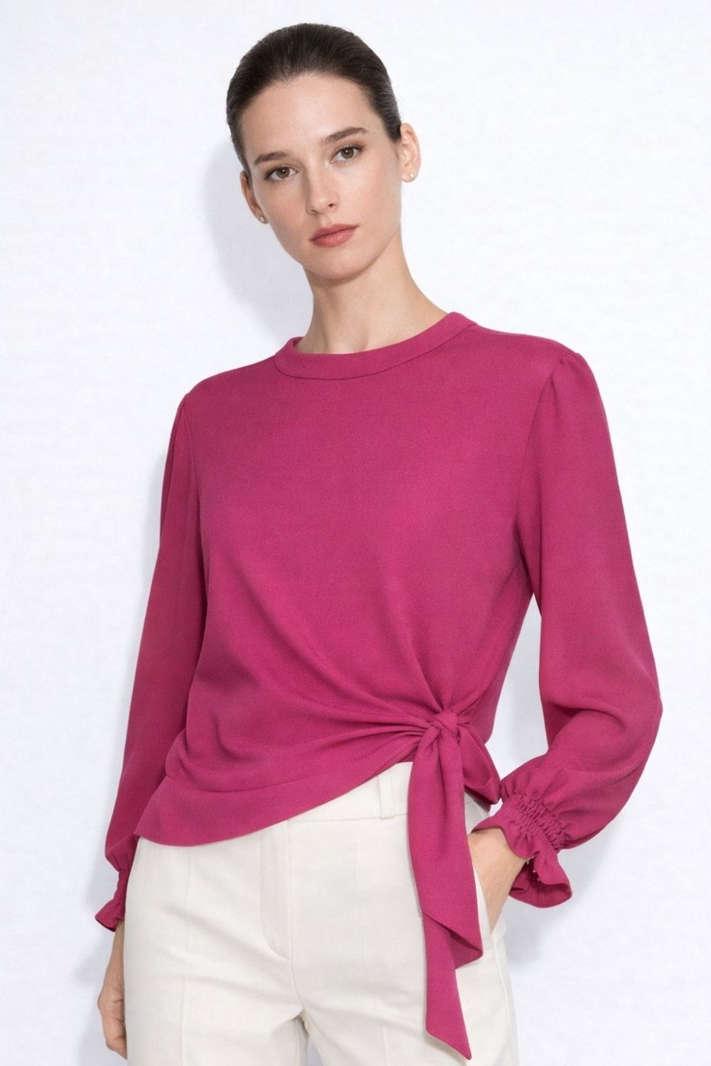 Mizalle Yan Bağlı Mürdüm Rengi Krep Bluz - Mizalle