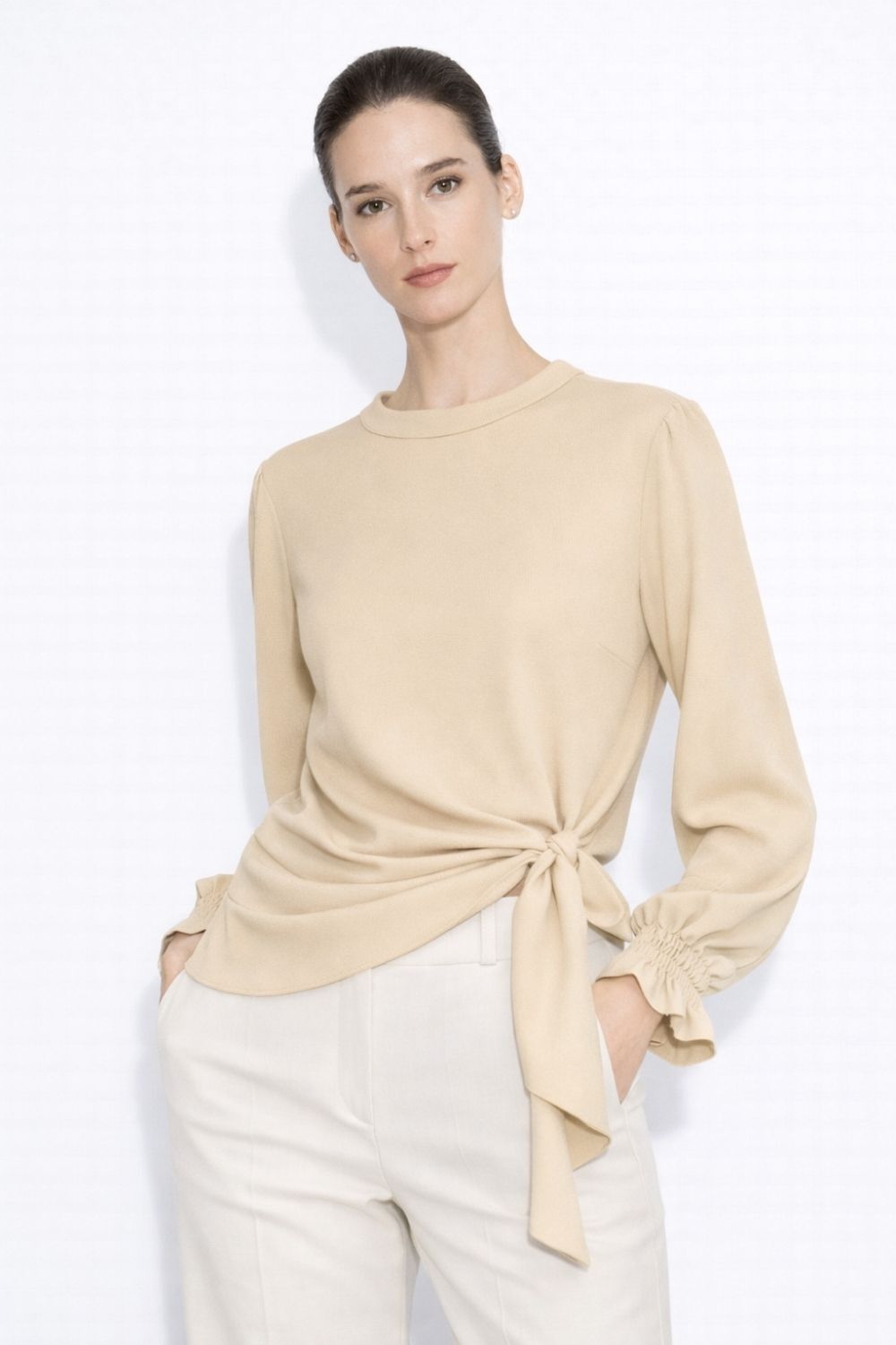 Mizalle Yan Bağlı Vizon Rengi Krep Bluz - Mizalle