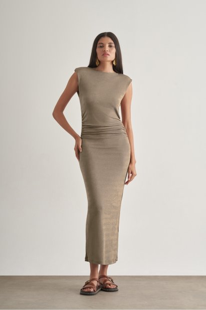 Mizalle Yan büzgü Detaylı Vatkalı Uzun Kolsuz Vizon Bodycon Elbise - Mizalle