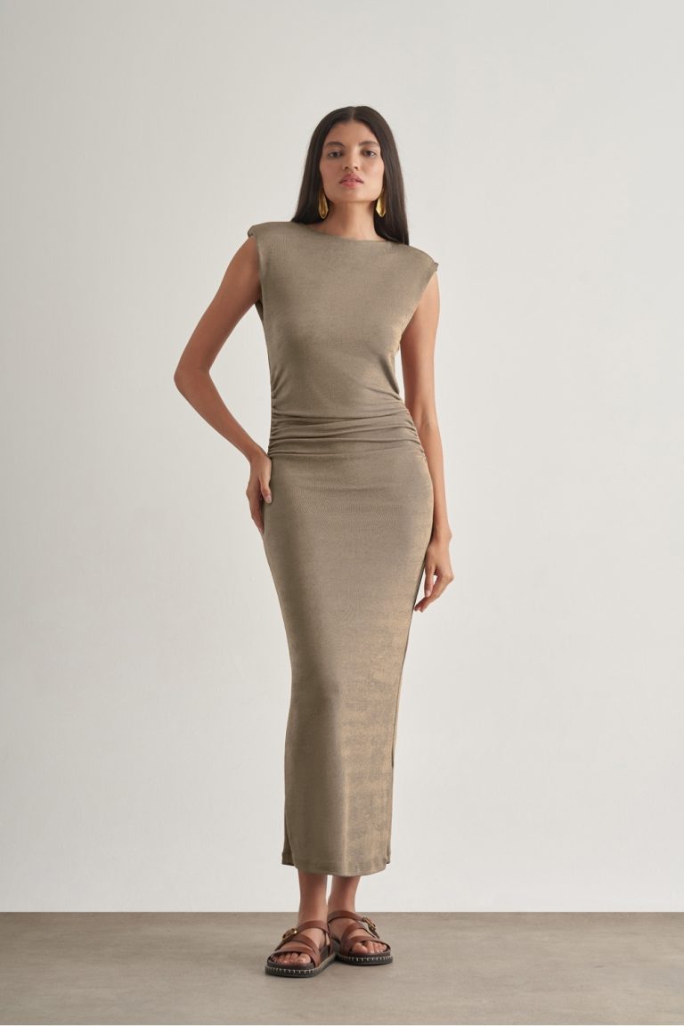 Mizalle Yan büzgü Detaylı Vatkalı Uzun Kolsuz Vizon Bodycon Elbise - Mizalle