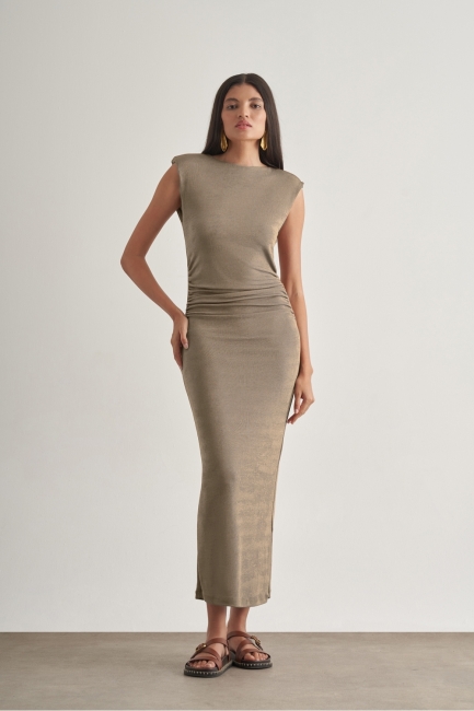 Mizalle - Mizalle Yan büzgü Detaylı Vatkalı Uzun Kolsuz Vizon Bodycon Elbise