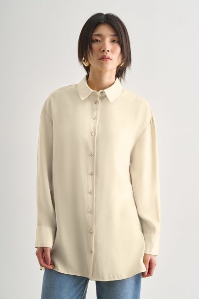 Mizalle Yan Düğme Detaylı Premium Modal Ekru Tunik - Mizalle