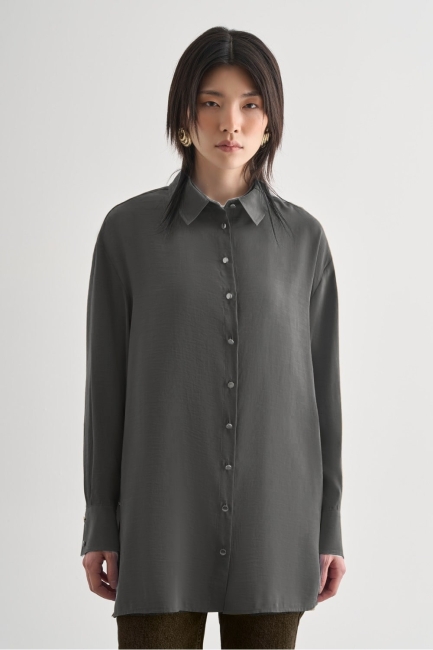 Mizalle - Mizalle Yan Düğme Detaylı Premium Modal Gri Tunik