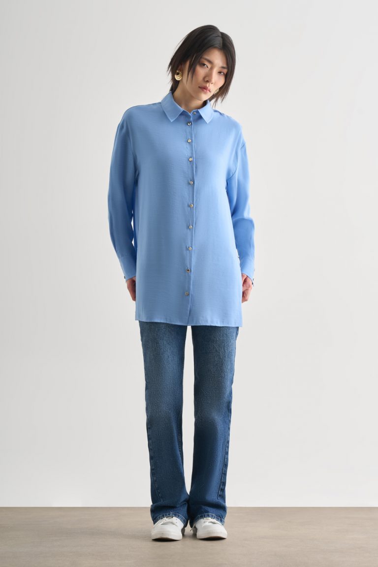 Mizalle Yan Düğme Detaylı Premium Modal Mavi Tunik - Mizalle