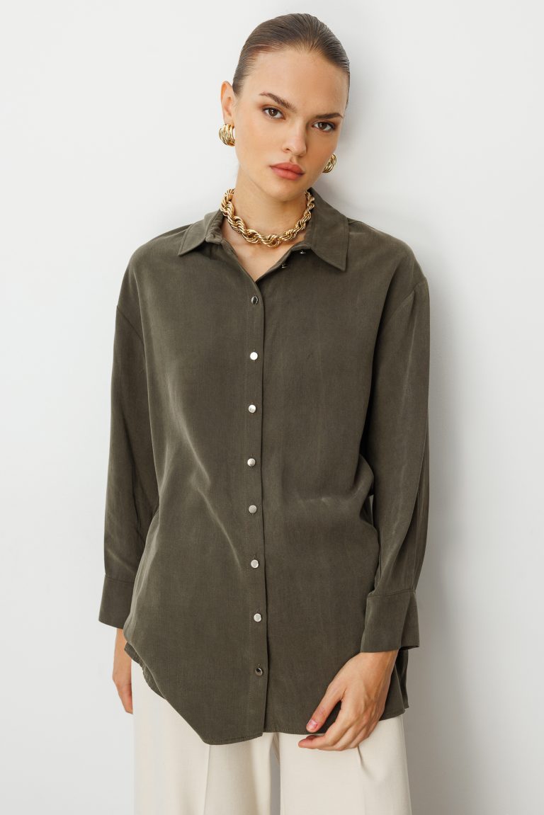 Mizalle Yan Düğmeli Haki Cupro Tunik - Mizalle