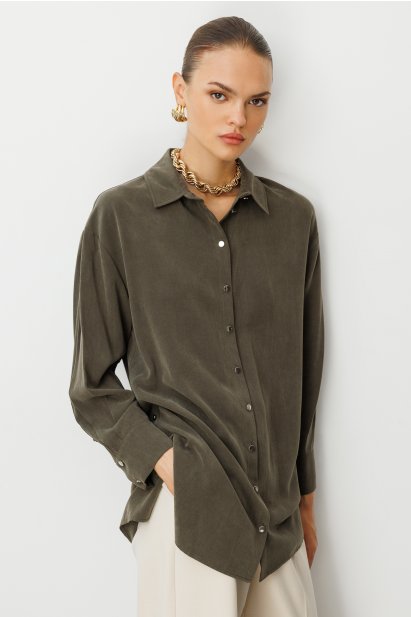 Mizalle Yan Düğmeli Haki Cupro Tunik - Mizalle