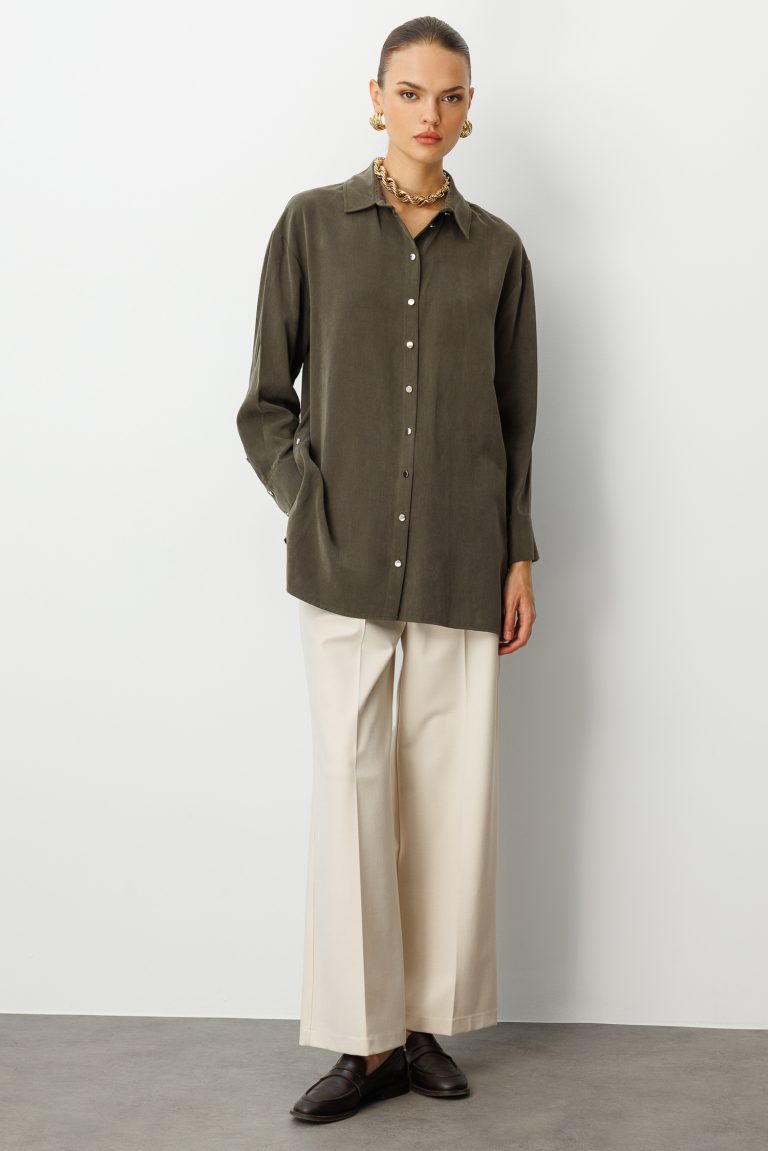 Mizalle Yan Düğmeli Haki Cupro Tunik - Mizalle