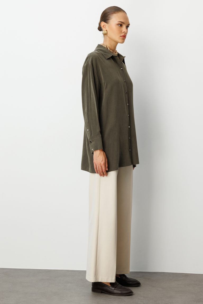 Mizalle Yan Düğmeli Haki Cupro Tunik - Mizalle
