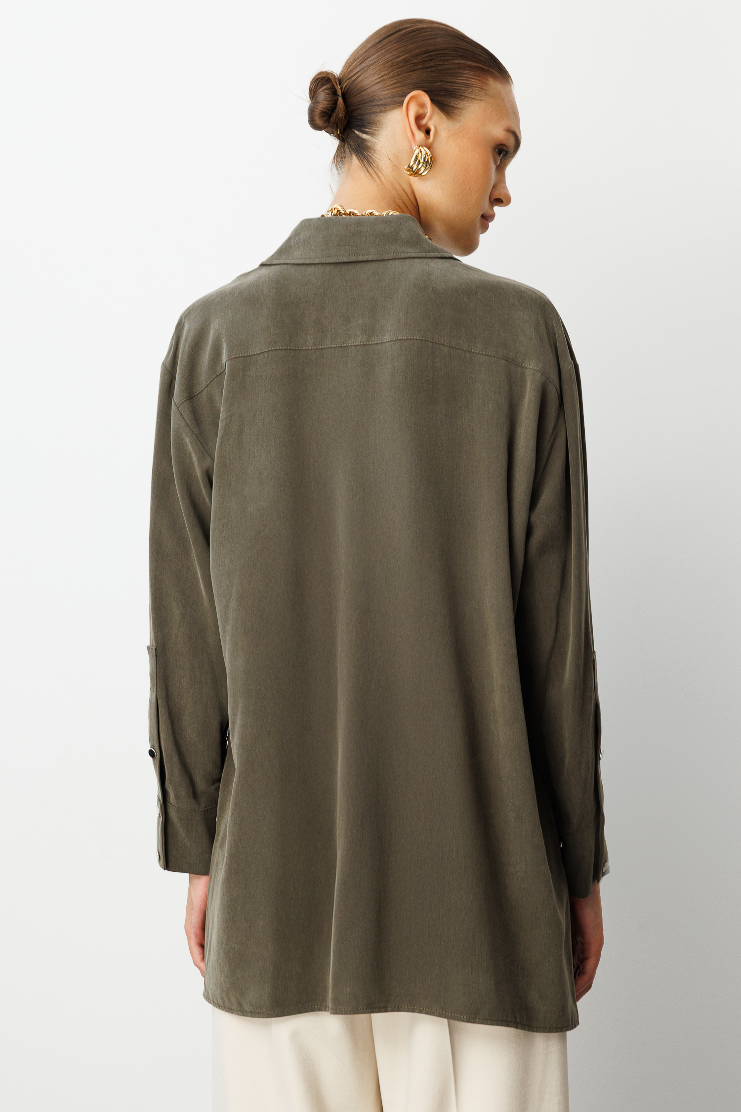 Mizalle Yan Düğmeli Haki Cupro Tunik - 6
