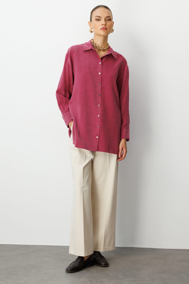 Mizalle Yan Düğmeli Mürdüm Cupro Tunik - Mizalle