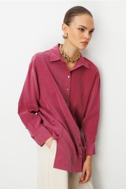 Mizalle Yan Düğmeli Mürdüm Cupro Tunik - Mizalle