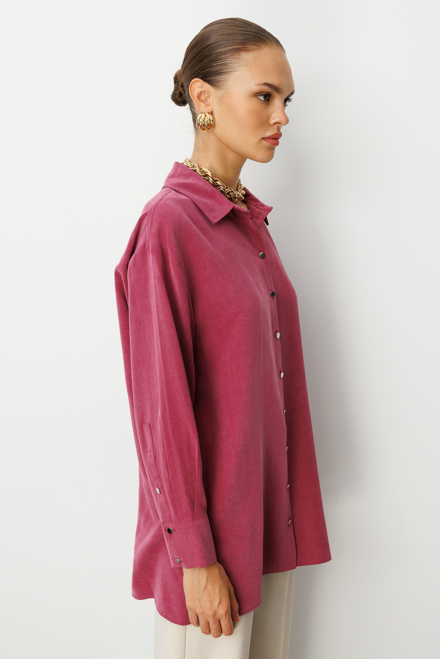 Mizalle Yan Düğmeli Mürdüm Cupro Tunik - 3