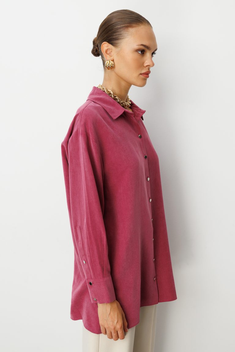 Mizalle Yan Düğmeli Mürdüm Cupro Tunik - Mizalle