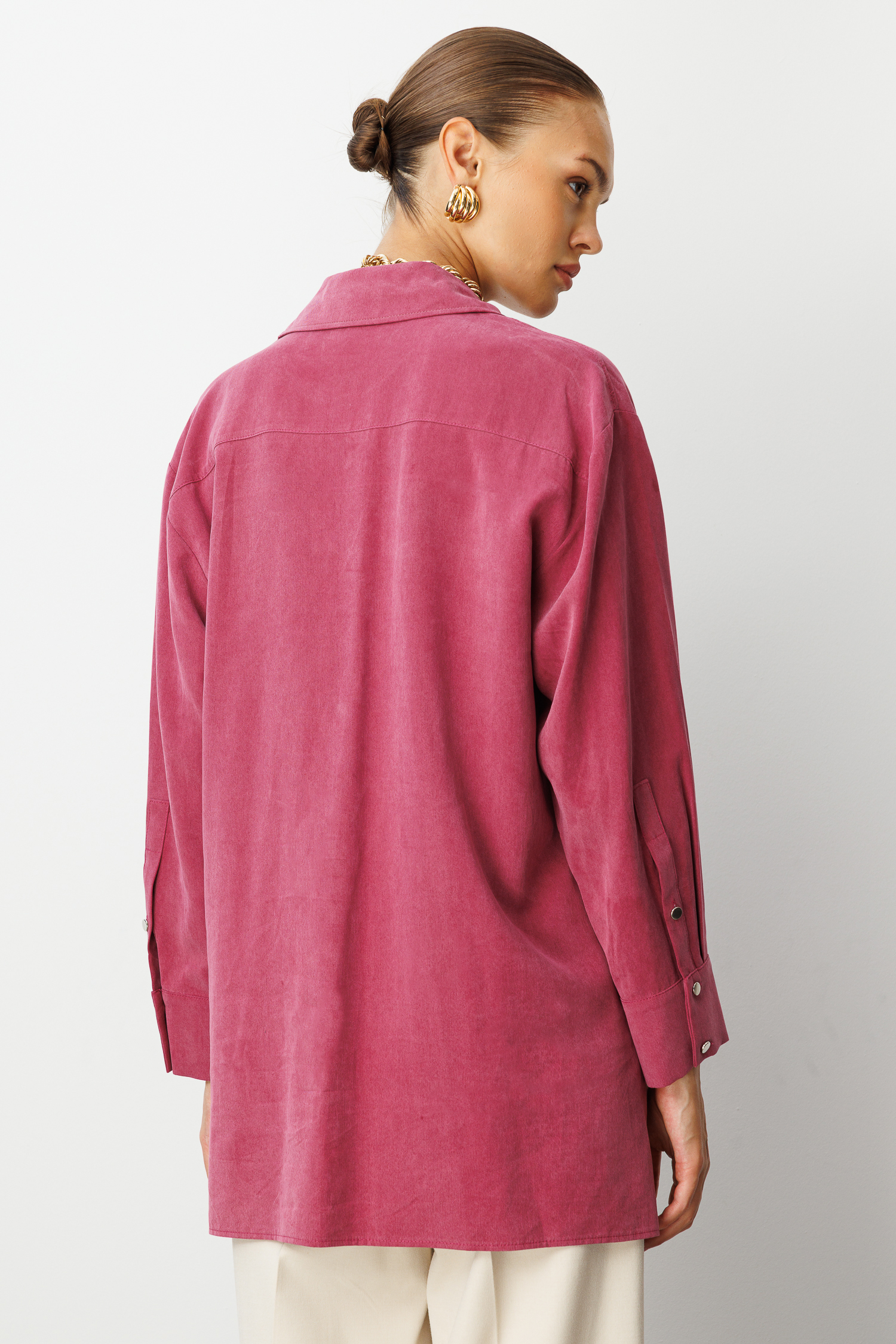 Mizalle Yan Düğmeli Mürdüm Cupro Tunik - 4