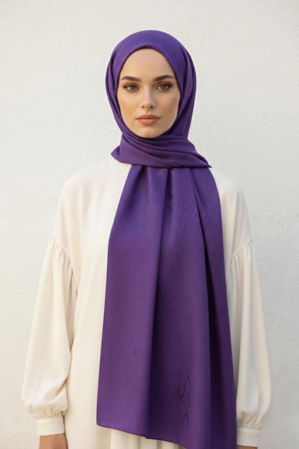 Mizalle & YAQA Filigran Desenli Jakarlı Mor Şal - 1