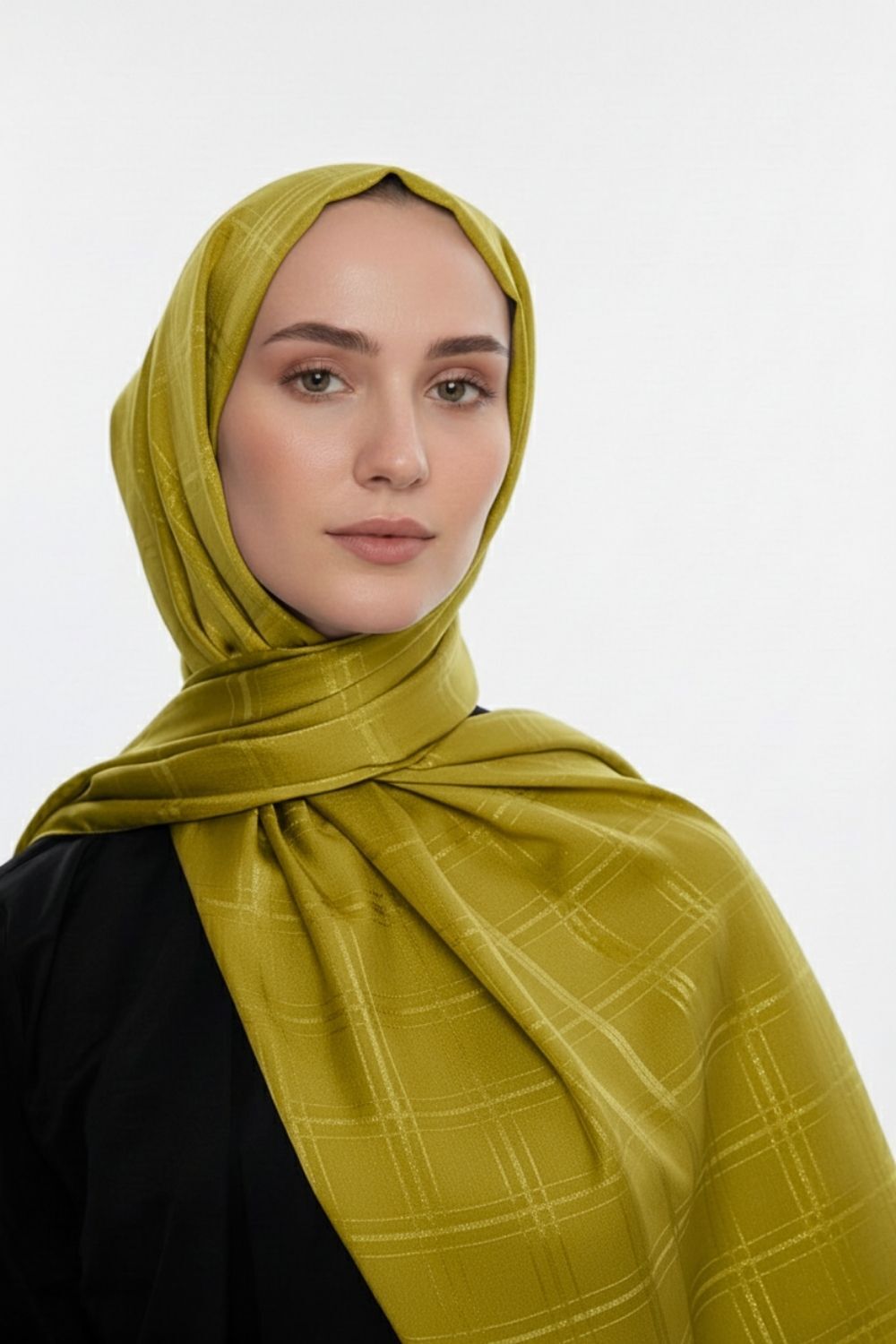 Mizalle & YAQA Kare Desen Jakarlı Hardal Rengi Şal - 1