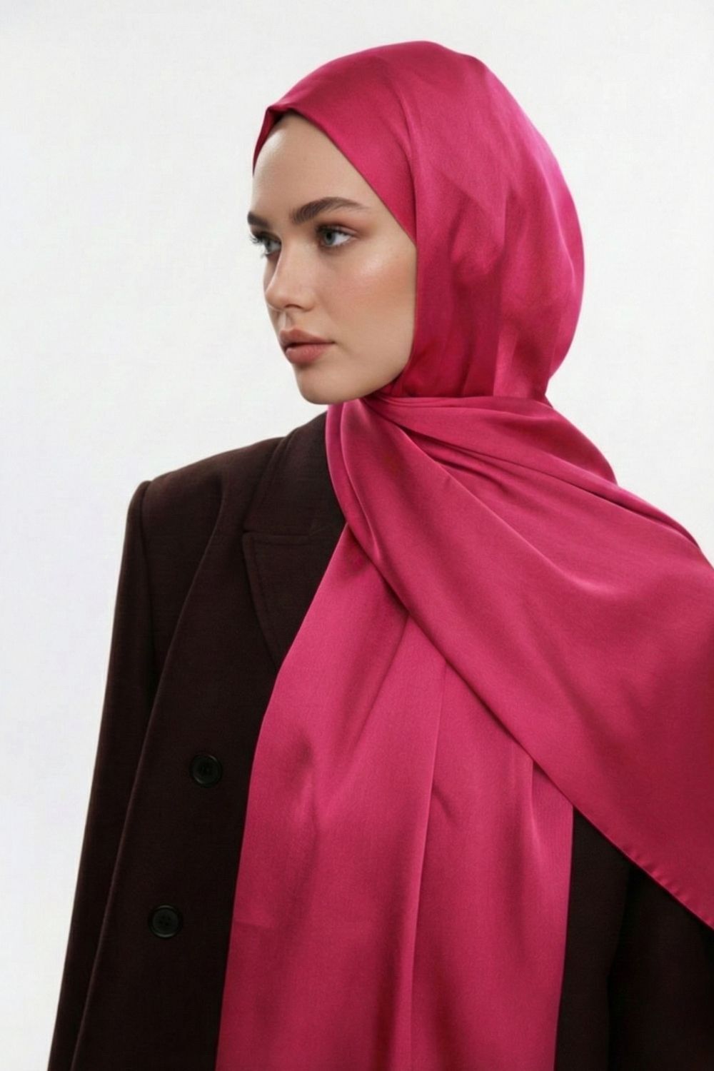 Mizalle & YAQA Özel Saten Dokulu Fuşya Şal - 1