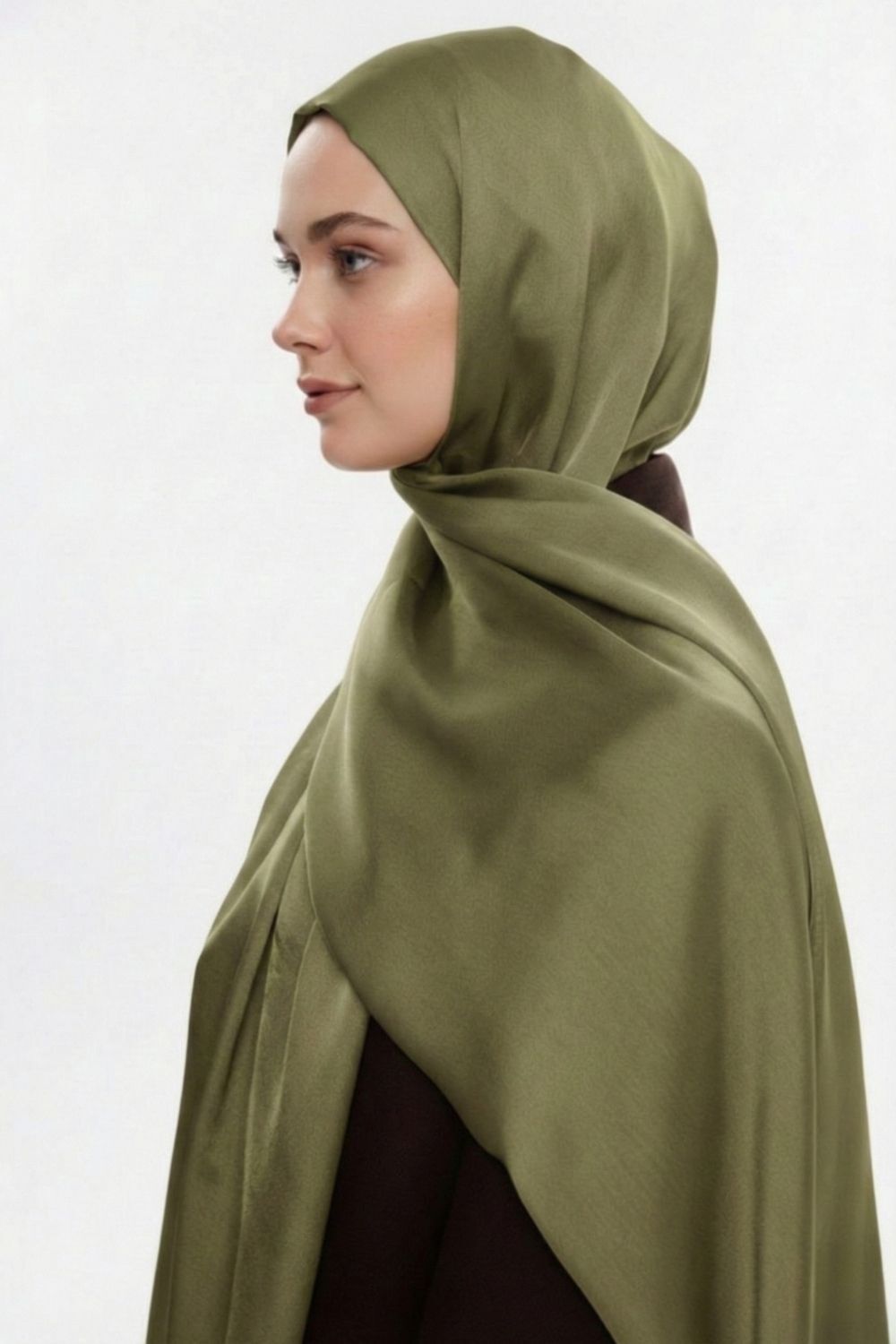 Mizalle & YAQA Özel Saten Dokulu Haki Yeşil Şal - 2