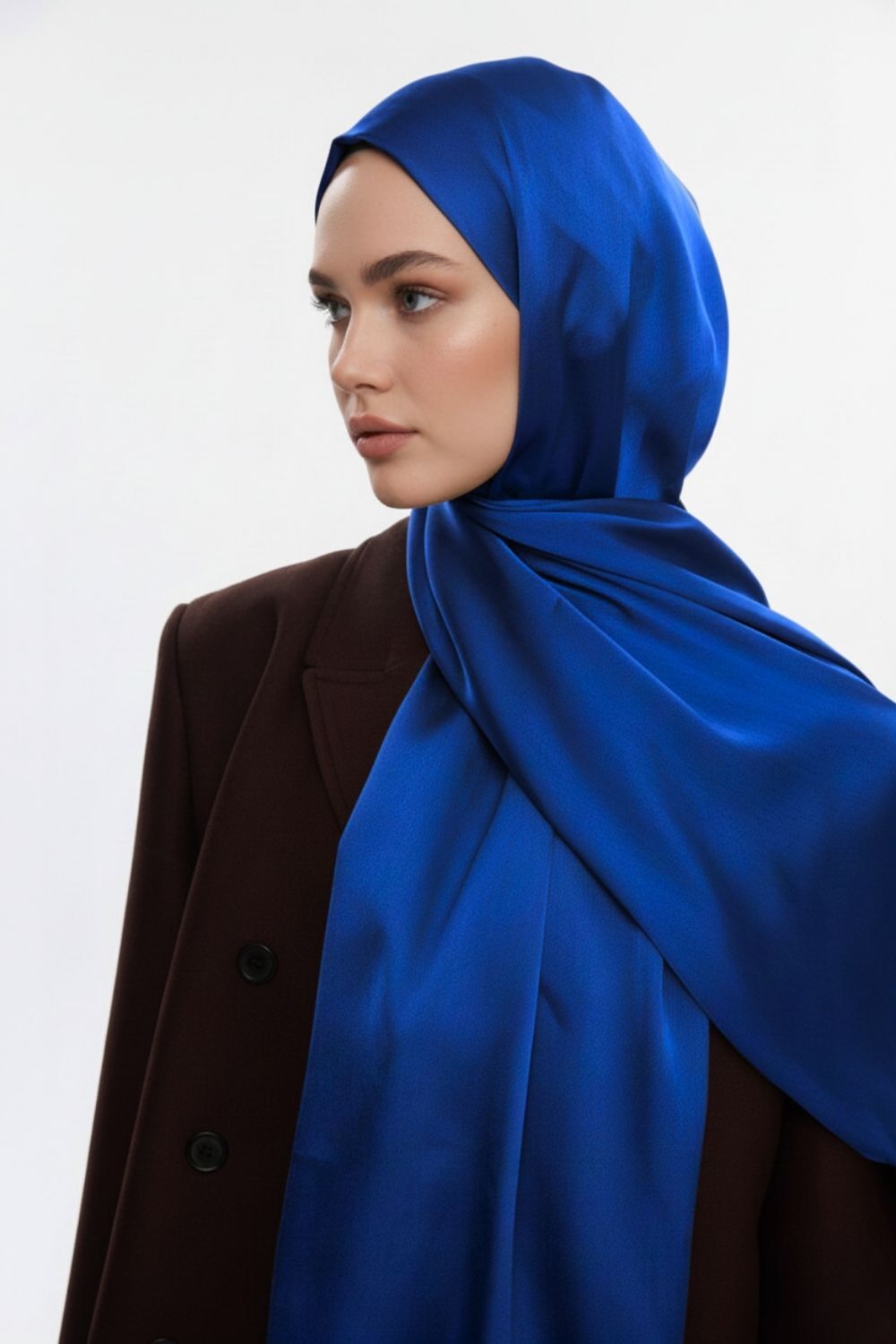 Mizalle & YAQA Özel Saten Dokulu Saks Mavi Şal - Mizalle