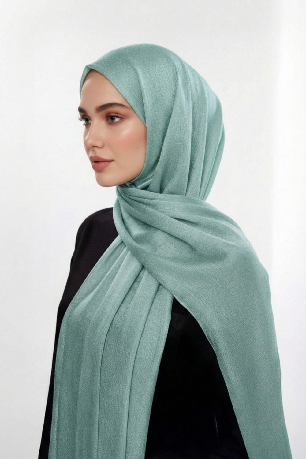 Mizalle & YAQA Özel Saten Dokulu Su Yeşili Şal - 1