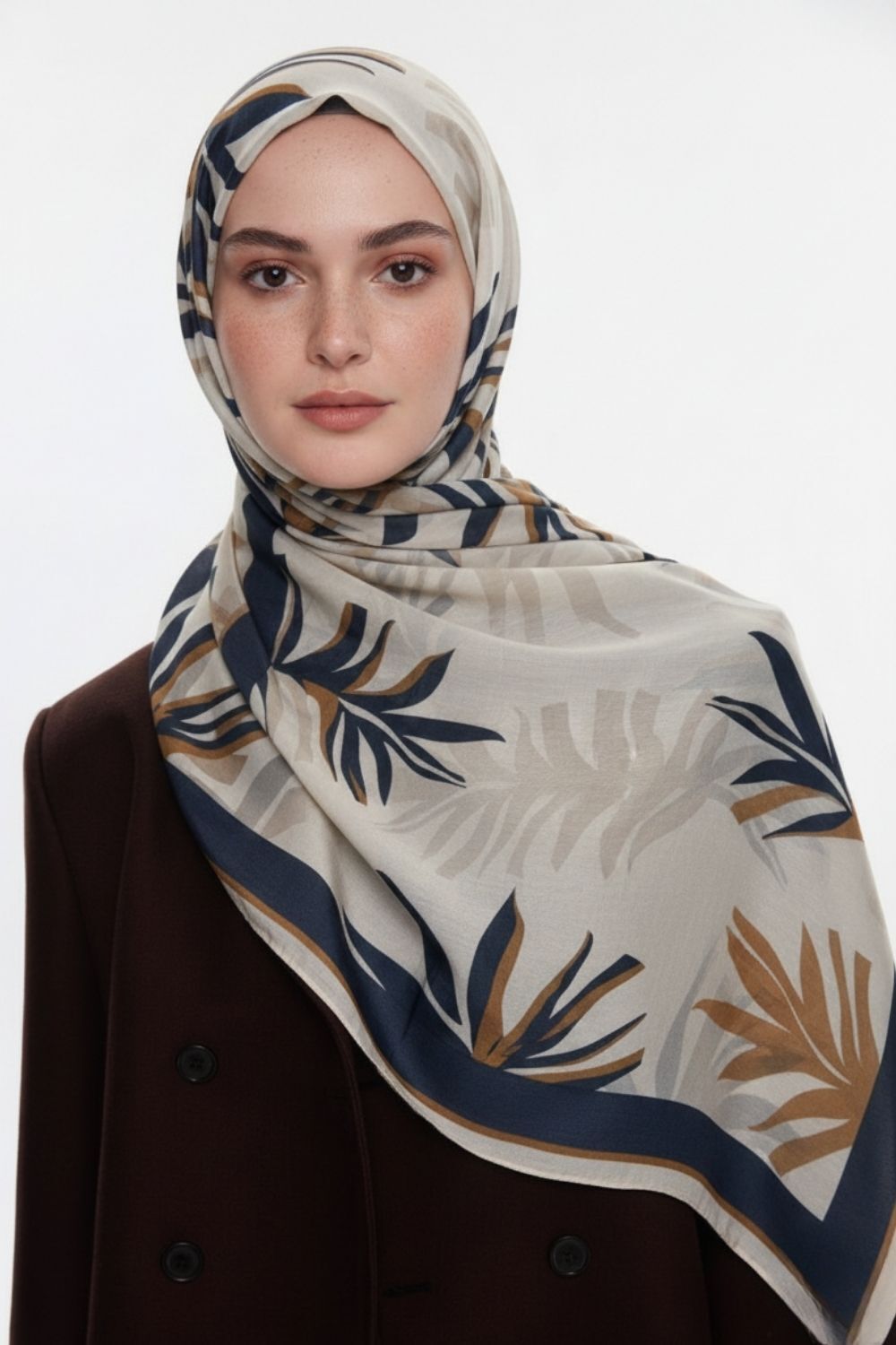 Mizalle & YAQA Yaprak Desenli Taş Rengi Şal - 1